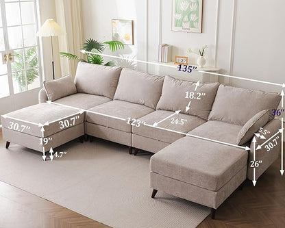 135'' Modular Sectional Sofa with All Seats Storage, Oversized U Shaped Couch for Living Room,4-Seater Comfy Cloud Couch with Movable Ottoman,Big Sectional for Bedroom,Velet,Khaki