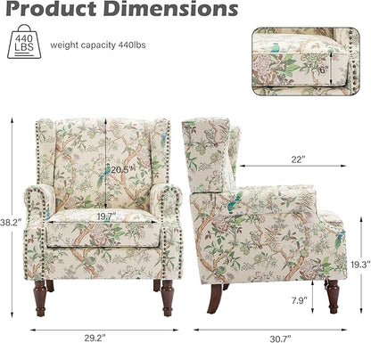 UIXE High Back Floral Accent Chair, Fabric Upholstered Armchair Wingback Arm Club Chair for Living Room, Nailhead Trim Single Sofa Bedroom Side Reading Seat with Solid Wood Legs - Bird Pattern