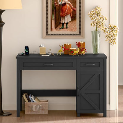 Farmhouse 47" Executive Desk, Computer Desk with Drawers and Storage Cabinet, Workstation Computer Desk for Home Office, Study.Pure Black