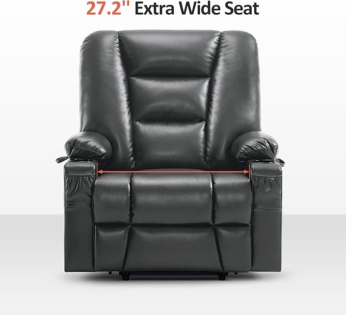 MCombo Oversized Power Lift Recliner Chair with Massage and Heat for Big and Tall Elderly People, Cup Holders, USB Ports, Side Pockets, Faux Leather R7541 (Dark Grey, Large-Oversize)