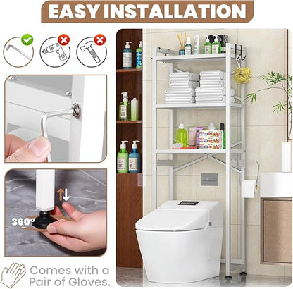 ZZL Over The Toilet Storage,3-Tier,Bathroom Toilet Organizer,Multifunctional Space Saver Freestanding Bathroom Shelves with 4 Hooks,White