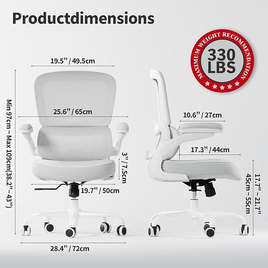 TRALT Ergonomic Office Chair - Desk Chair with Adjustable Lumbar Support Computer Chair - Mesh Comfy Chair with Flip-up Armrests - Gaming Chairs for Adults Home Office (Leather, White)