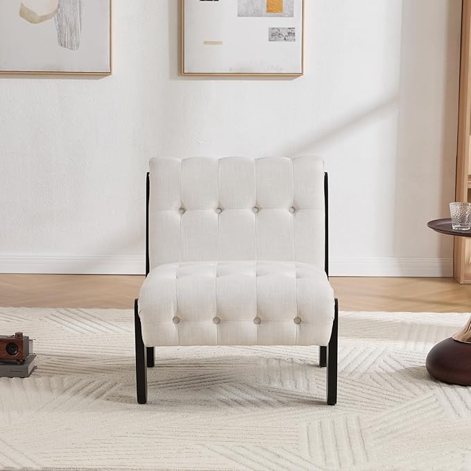 HEAH-YO Living Room Accent Chairs Set of 2,Modern Armless Chair for Bedroom with Button Tufted Back and Wood Legs,Upholstered Comfy Reading Chair for Makeup Vanity Office Cafe,Linen Beige