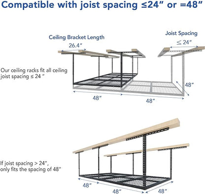 FLEXIMOUNTS 4x8 Overhead Garage Storage Rack, Adjustable Organization System, Heavy-Duty Metal Ceiling Racks, 750lbs Weight Capacity, Hammertone, Classic Series