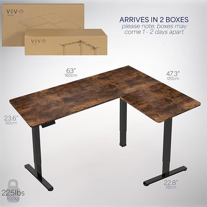 VIVO Corner Standing Desk, 63 x 47 inch Reversible L-Shaped Workstation, Electric Height Adjustment, Home, Office, and Reception Rooms, Rustic Vintage Brown Table Top Black Frame, DESK-E3CTN-47