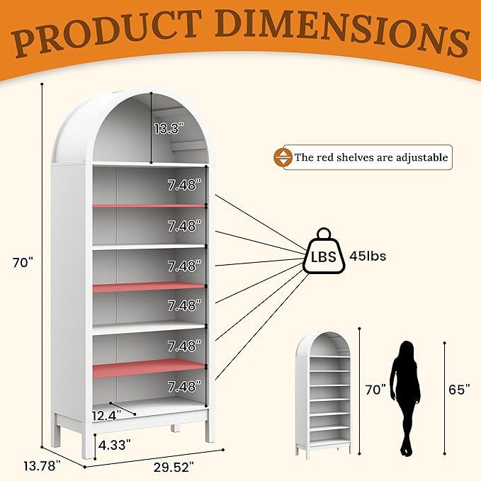 Shoe Cabinet, 70" Tall Arched Shoe Rack with 3 Adjustable Shelves, 7-Tier Large Freestanding Shoe Storage Organizer for Entryway, Closet, Hallway, Living Room