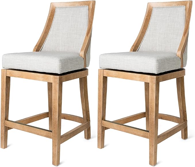 Maven Lane Vienna Counter Stools 26 Inches – Set of 2 – Swivel Stools with Footrests – Brown Solid Wood and Natural Fabric Upholstery – Ideal for Kitchen Islands and Counters