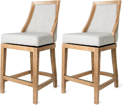 Maven Lane Vienna Counter Stools 26 Inches – Set of 2 – Swivel Stools with Footrests – Brown Solid Wood and Natural Fabric Upholstery – Ideal for Kitchen Islands and Counters