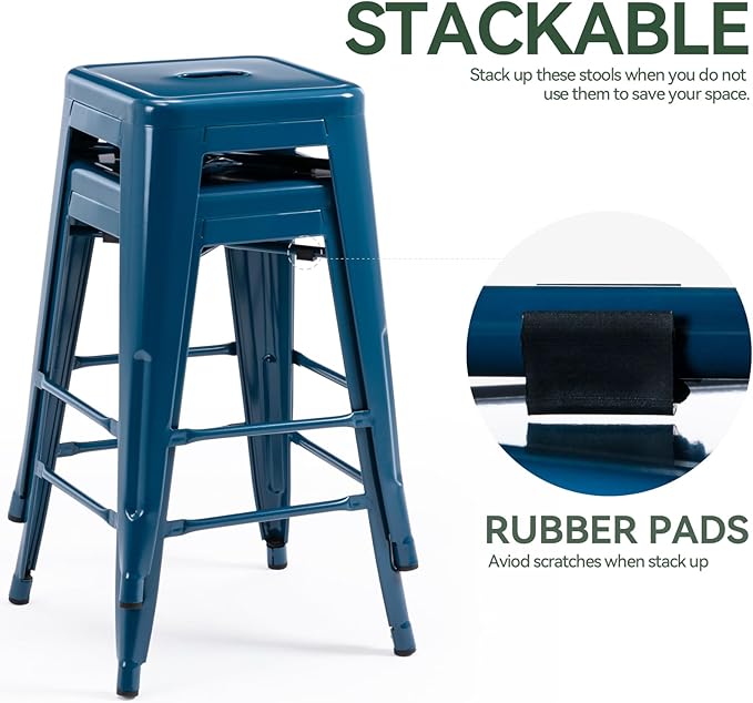 Vogue Furniture Direct 24 Inch Metal Bar Stools, Backless Counter Height Barstools, Indoor Outdoor Stackable Stools with Square Seat, Set of 2 (Deep Blue)