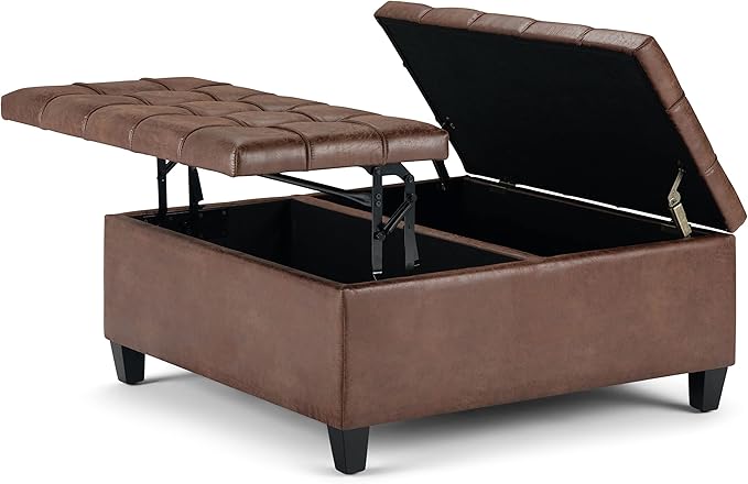 SIMPLIHOME Harrison 36 inch Wide Transitional Square Coffee Table Storage Ottoman in Distressed Umber Brown Vegan Faux Leather, Assembled, For the Living Room and Bedroom