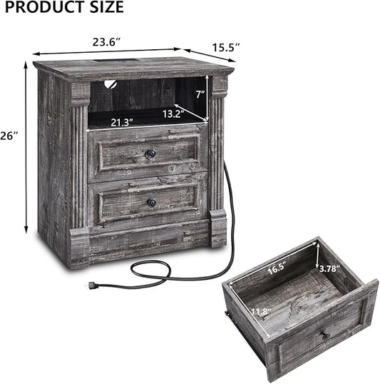 26" Tall 2 Drawers Dresser for Bedroom, Farmhouse 23.6" Wide Large Nightstand with Charging Station, Wood Rustic Side Table w/Roman Column, End Table for Bedroom, Living Room, Light Grey