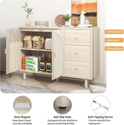 Beige Sideboard Cabinet with 2 Rattan Doors and 3 Drawers, Rattan Buffet Cabinet with Adjustable Shelves & Pine Legs, Boho Sideboard Buffet for Living Room, Kitchen, Entryway, Beige