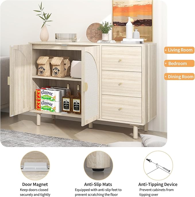 Beige 2 Door 3 Drawer Rattan Cabinet, Accent Storage Cabinets with Cane Door, Stylish Boho Buffet Table with Storage,Black Rattan Cabinet Wood Credenza for Dining Room,Bathroom,Study,Kitchen