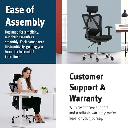 Duramont Ergonomic Office Chair - Adjustable Desk Chair with Lumbar Support and Rollerblade Wheels - High Back Chairs with Breathable Mesh - Thick Seat Cushion, Head, and Arm Rests - Reclines