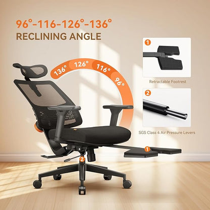Newtral Office Chair Ergonomic with Footrest, Auto-Following Lumbar Support, High Back Desk Chair with 4D Armrest,136° Tilt Lock, Adjustable Seat Depth & Height (Upgrade with Laptop Tray, Black)