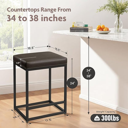 ALPHA HOME 24 Inch Counter Height Bar Stools Set of 4, Upholstered Bar Stools for Kitchen Island, Counter Stools with Faux Leather Cushion and Sturdy Metal Frame, Modern Barstools, Grey