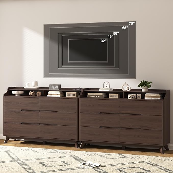 Dresser for Bedroom with 6 Drawers, 55" Large Dresser & Chest of Drawers with Charging Station, Wood Closet Clothes Storage Long Dressers Organizer for Bedroom Living Room Hallway, Brown
