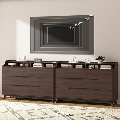 Dresser for Bedroom with 6 Drawers, 55" Large Dresser & Chest of Drawers with Charging Station, Wood Closet Clothes Storage Long Dressers Organizer for Bedroom Living Room Hallway, Brown
