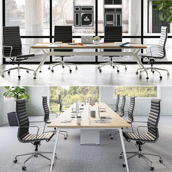 Ribbed Office Chair with Top Grain Leather - High Back Ergonomic Desk Chair with Aluminum Arms & Frame, Swivel Wheels & Tilt Function, Adjustable Height