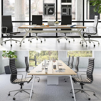 Ribbed Office Chair with Top Grain Leather - High Back Ergonomic Desk Chair with Aluminum Arms & Frame, Swivel Wheels & Tilt Function, Adjustable Height