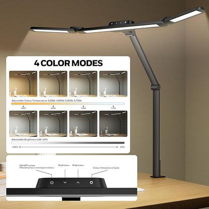 Honeywell HJ3 Wide LED Desk Lamp with Clamp, 22W Full-Spectrum Eye-Caring Light Bar, 4 Modes, Stepless Dimming, Adjustable Arm for Home Office, Large Desks & Dual Monitors