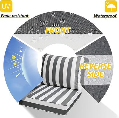 AAAAAcessories Outdoor Deep Seat Cushions, Waterproof, Fade-Resistant Patio Furniture Replacement Cushions, 25.5" x 25.5" x 5" + 25.5" x 19", Gray Cabana Stripe