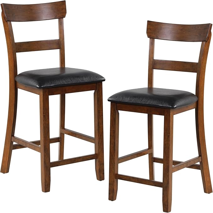 COSTWAY Counter Height Bar Stools Set of 2, 25.5 Inch Mid Century Modern Wooden High-top Chairs with Backrest, Rubber Wood Legs, Faux Leather Seat, Farmhouse Barstools for Kitchen Island, Pubs