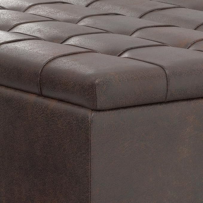 SIMPLIHOME Harrison 40 inch Wide Transitional Square Large Coffee Table Storage Ottoman in Distressed Brown Vegan Faux Leather, Assembled, for The Living Room and Bedroom
