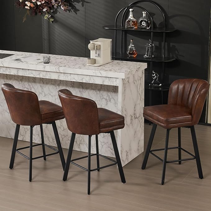 Swivel Counter Height Bar Stools Set of 3, 26'' Modern Barstools with Backs and Metal Legs, Upholstered Bar Chairs, Faux Leather Brown Stools for Kitchen Island Chairs