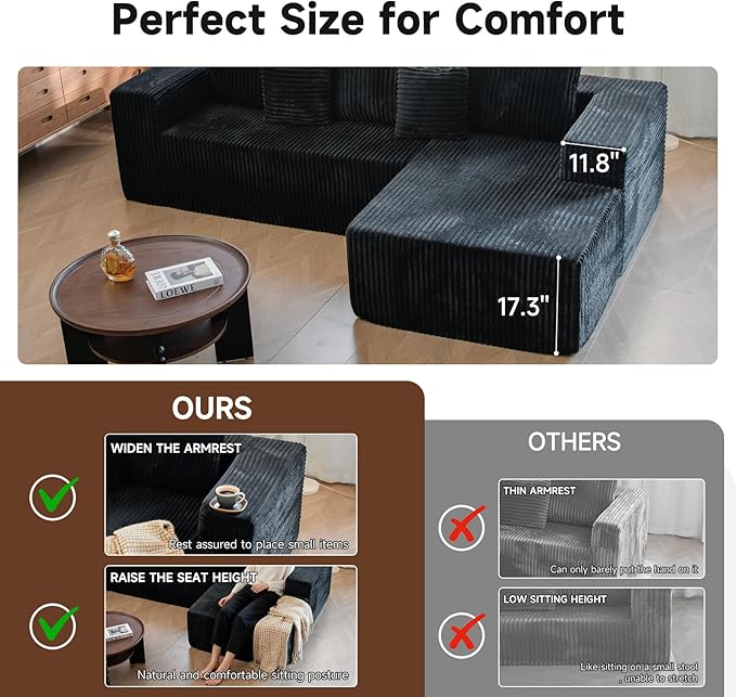 Upgrade 108’’ L Shape Cloud Couch, Plush Corduroy Sectional Sofa with Chaise, Boneless Couches for Living Room Bedroom, No Assembly Required (Black, Right Facing Chaise)