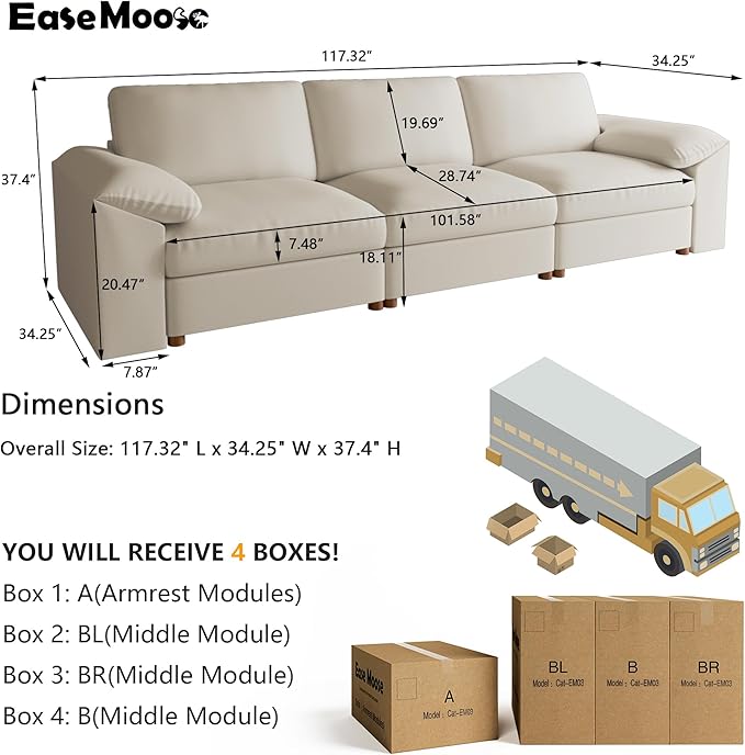 EASE MOOSE 3 Seater Deep Seat Sectional Sofa,Scratch Resistant Faux Leather Material, Oversized Modular Couch for Living Room,Modern Comfy Sofas for Small Spaces, Beige