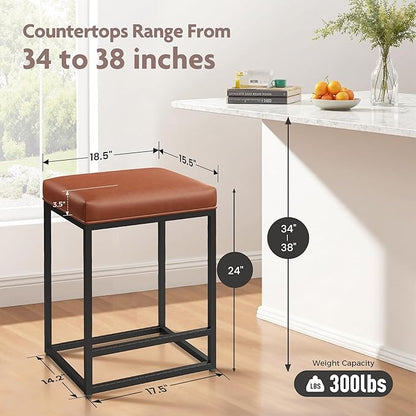 ALPHA HOME 24 Inch Counter Height Bar Stools, Upholstered Bar Stools for Kitchen Island, Counter Stools with Faux Leather Cushion and Sturdy Metal Frame, Modern Barstools, Caramel