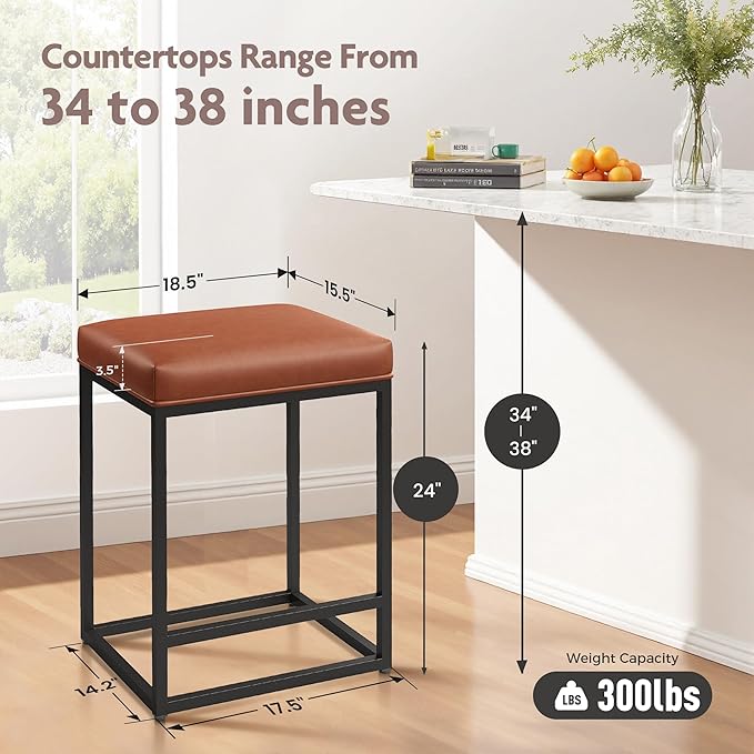 ALPHA HOME 24 Inch Counter Height Bar Stools Set of 2, Upholstered Bar Stools for Kitchen Island, Counter Stools with Faux Leather Cushion and Sturdy Metal Frame, Modern Barstools, Caramel