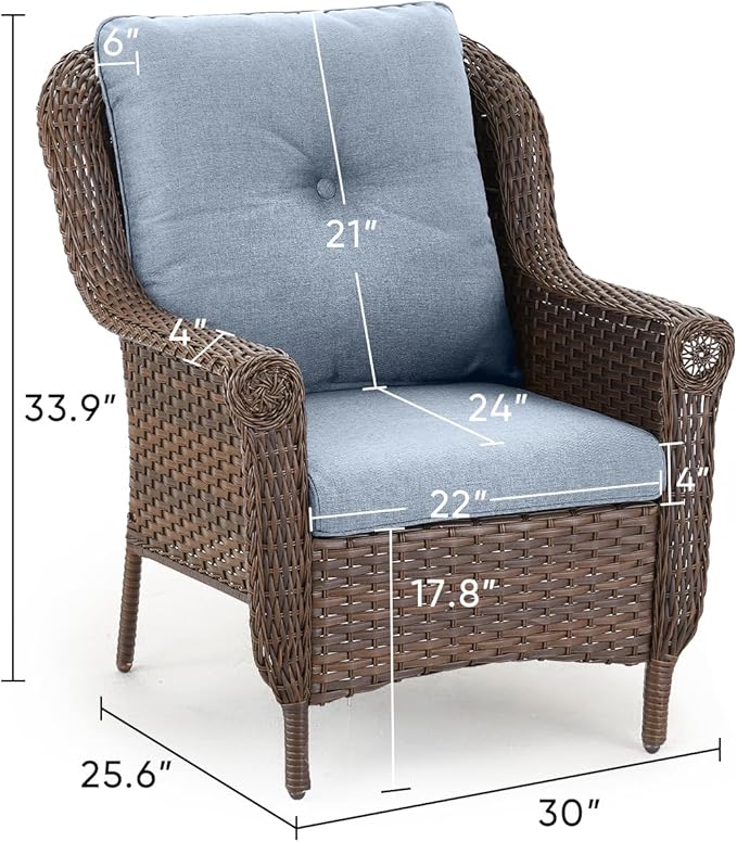 Patio Wicker Chairs Outdoor Furniture Chair - Set of 4 Outside All Weather Lawn Dining Brown Rattan Armchair with High Back&Deep Seating for Deck Porch Balcony Backyard Garden - Baby Blue
