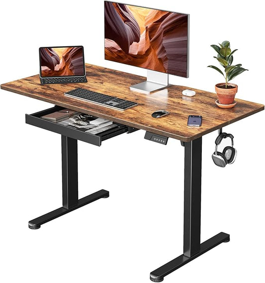 FEZIBO Electric Standing Desk with Drawers, 48 x 24 Inch Height Adjustable Desk with 3 Memory Presets, Sit Stand Up Desks for Home Office, Rustic Brown