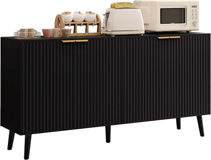 JASIWAY Sideboard Buffet Cabinet with Storage, 55" Sideboard with 4 Fluted Doors Scandinavian Wood Coffee Bar Cabinet Credenza for Living Room, Kitchen, Black