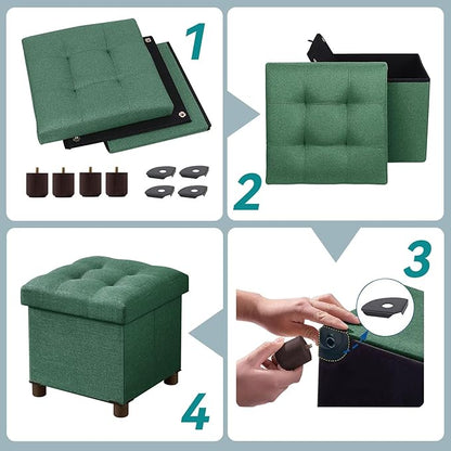 BRIAN & DANY Small Ottoman with Storage, Small Storage Ottoman, Folding Foot Stool with Wood Legs for Living Room and Bedroom Linen Rest Seat, 12.6"x12.6"x12.8" - Dark Green