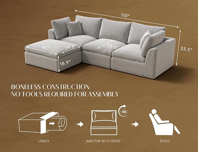 110" Cloud Sectional Couches for Living Room, Boneless L-Shape Couch with Ottoman, 3 Seater Modular Sectional Sofa, Light Grey