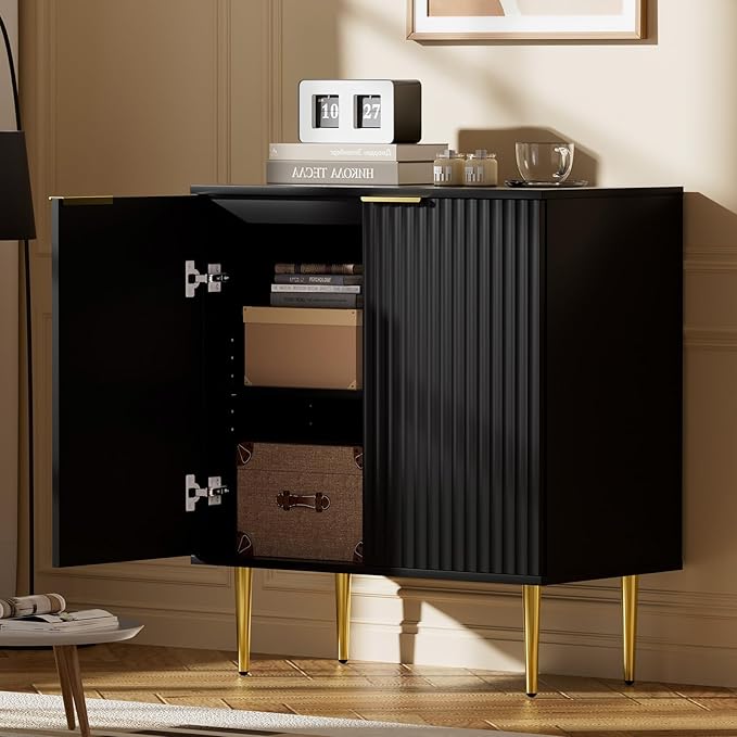 EOYUTLLY Black Fluted Storage Cabinet,Wood Sideboard Buffet Cabinet with Adjustable Shelf, Fluted Accent Cabinet with Gold Metal Legs, Console Table for Living Room,Dining Room,Kitchen