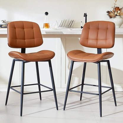 Mid Century Modern Bar Stools Set of 2 for Kitchen Island,Upholstered Brown Faux Leather Counter Height stools,26 Inch Counter stools with Walnut Grain Back