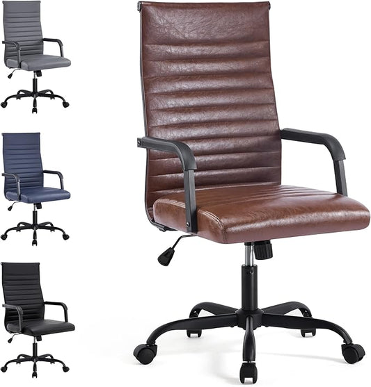 Office Desk Chair, Ergonomic Conference Room Chairs, PU Leather Executive Ribbed Computer Chair, Swivel Rolling Chair for Home Office