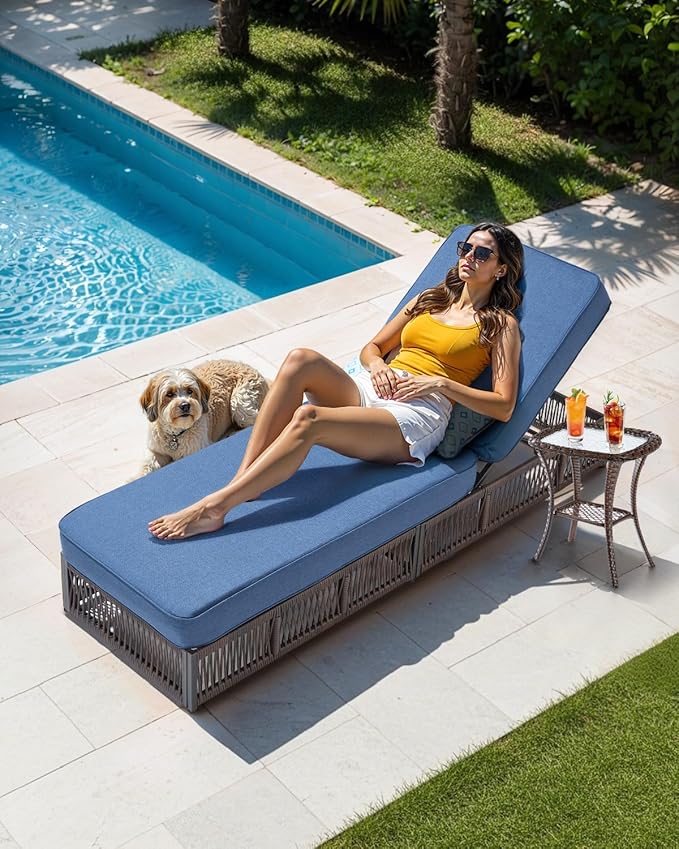 Luxury 2PCS Outdoor Chaise Lounge and Side Table Set with 5 Inch Thick Cushions - High Back Brown Wicker Patio Recliners Chairs Lounger for Poolside Pool Porch Garden Sunbathing - Navy Blue