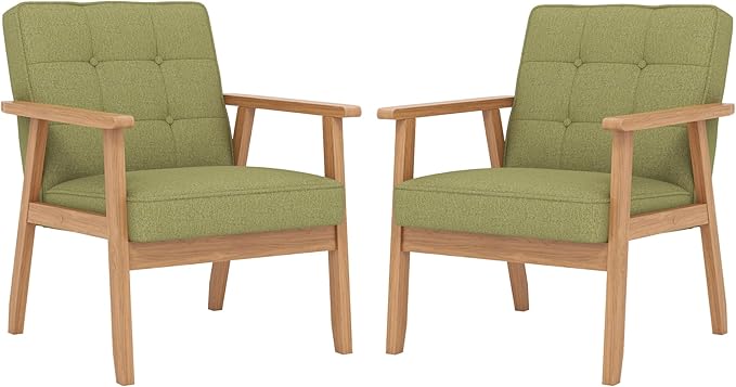 KCC Mid-Century Modern Linen Fabric Accent Chair Set of 2, Upholstered Tufted Leisure Chair Comfy Reading Side Chair with Armrest and Solid Wood Frame for Living Room Bedroom Balcony(Green)