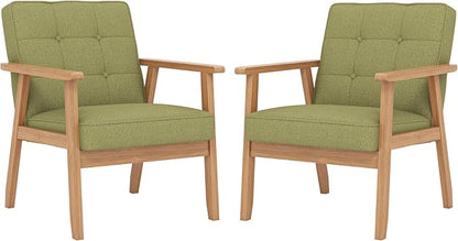 Modern Accent Chair with Arm Rest Set of 2, Upholstered Linen Fabric Leisure Chair Comfy Side Chair with Backrest Button and Wooden Frame for Living Room Bedroom Reading(Green)