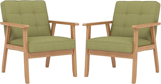 Modern Accent Chair with Arm Rest Set of 2, Upholstered Linen Fabric Leisure Chair Comfy Side Chair with Backrest Button and Wooden Frame for Living Room Bedroom Reading(Green)