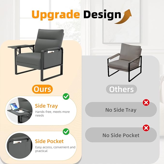 Faux Leather Accent Chair, Upholstered Armchair with Side Tray & Pocket, Comfy Reading Chair for Living Room, Bedroom, Guest Room, Gray