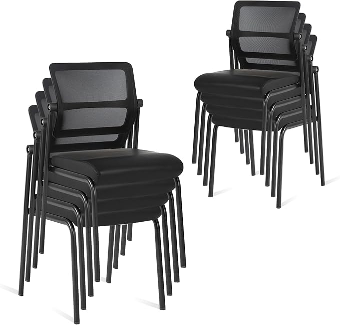CLATINA Stackable Waiting Room Chair with Adjustable Mesh Backrest, Armless Office Guest Reception Chairs with Leather Cushion and Ergonomic Lumbar Support for Conference Lobby Side School, 8PK, Black