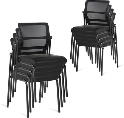 CLATINA Stackable Waiting Room Chair with Adjustable Mesh Backrest, Armless Office Guest Reception Chairs with Leather Cushion and Ergonomic Lumbar Support for Conference Lobby Side School, 8PK, Black