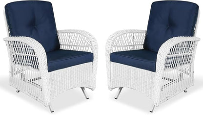 VIVIJASON 2-Piece Outdoor White Wicker Glider Rocking Chair, Patio Rattan Swing Glider Chairs with Cushions & Steel Frame, All-Weather Gliding Lawn Wicker Furniture for Garden Backyard, Navy Blue