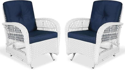 VIVIJASON 2-Piece Outdoor White Wicker Glider Rocking Chair, Patio Rattan Swing Glider Chairs with Cushions & Steel Frame, All-Weather Gliding Lawn Wicker Furniture for Garden Backyard, Navy Blue